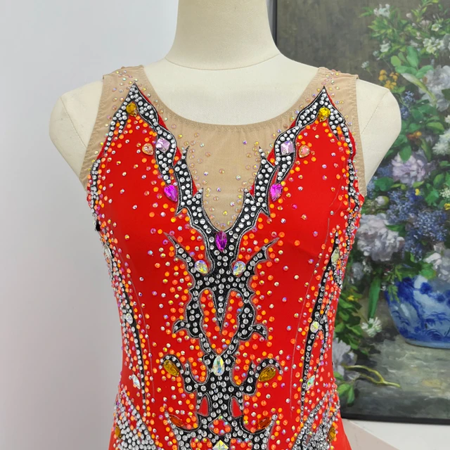 Kunstturnen-Trikot mit orange-roten Strasssteinen | G0112