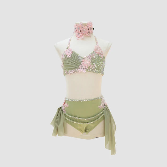 Sage Green Rhinestone Halter 2-Piece Lyrical Dance Costume | G003