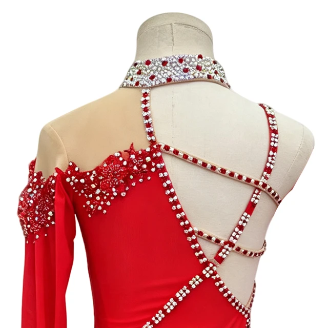 Red Rhinestone Asymmetrical Lyrical Dance Costume | BLC1381