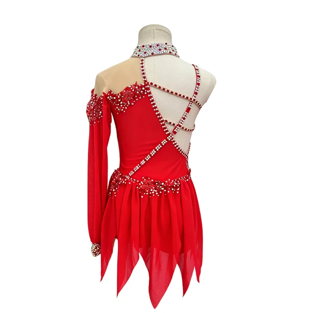 Red Rhinestone Asymmetrical Lyrical Dance Costume | BLC1381