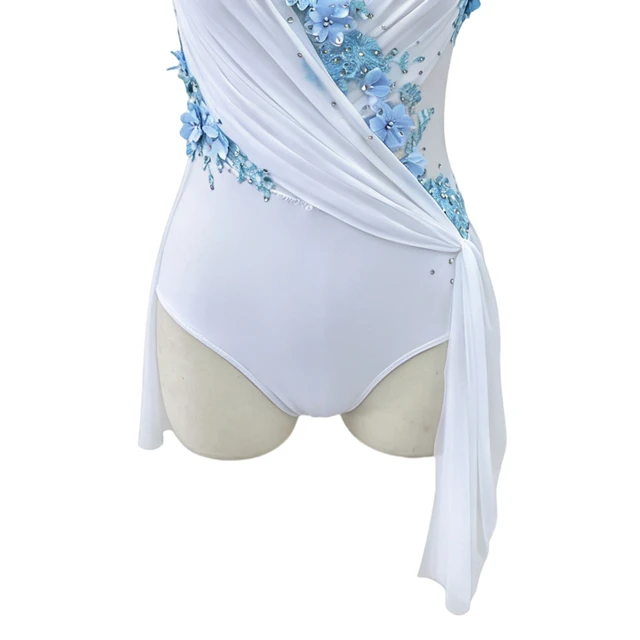 White with Light Blue Floral Lyrical Dance Leotard Dress | R0998