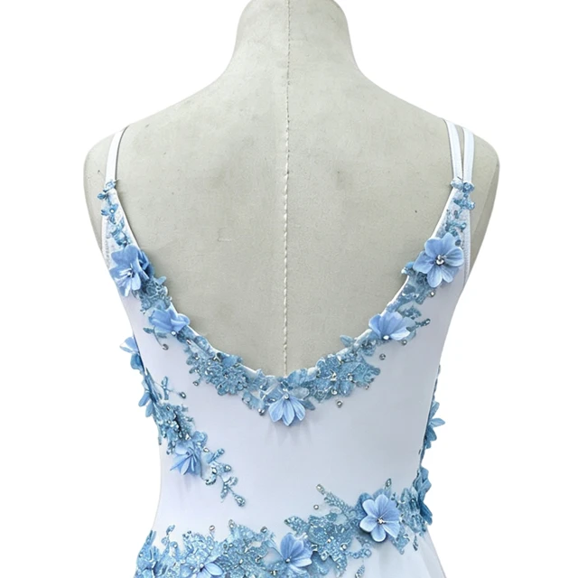 White with Light Blue Floral Lyrical Dance Leotard Dress | R0998