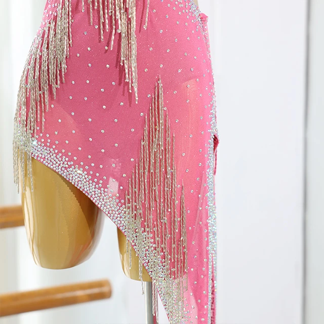 Pink Fringe Rhinestone Latin Dance Dress | LD005