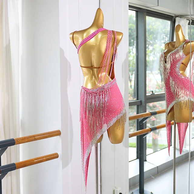 Pink Fringe Rhinestone Latin Dance Dress | LD005