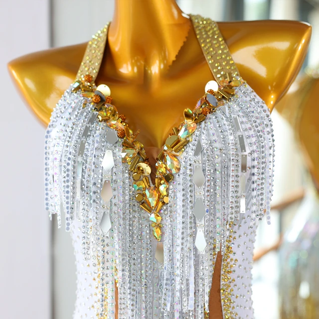 White Gold Fringe Rhinestone Latin Dance Dress | LD020