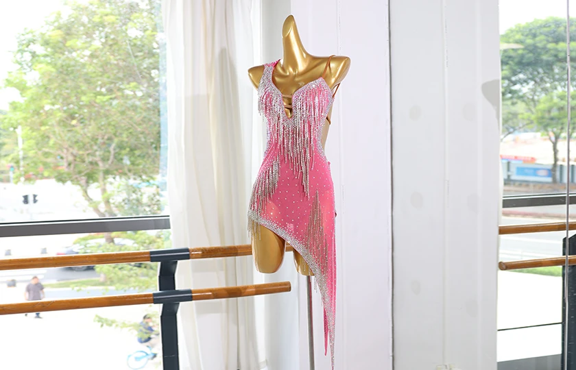 Pink Fringe Rhinestone Latin Dance Dress | LD005