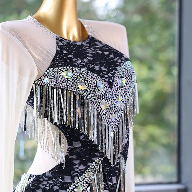 Black White Lace Fringe Rhinestone Latin Dance Dress | LD009