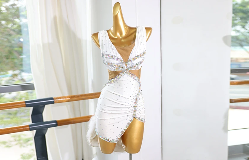 White Feather Rhinestone Latin Dance Dress | LD004