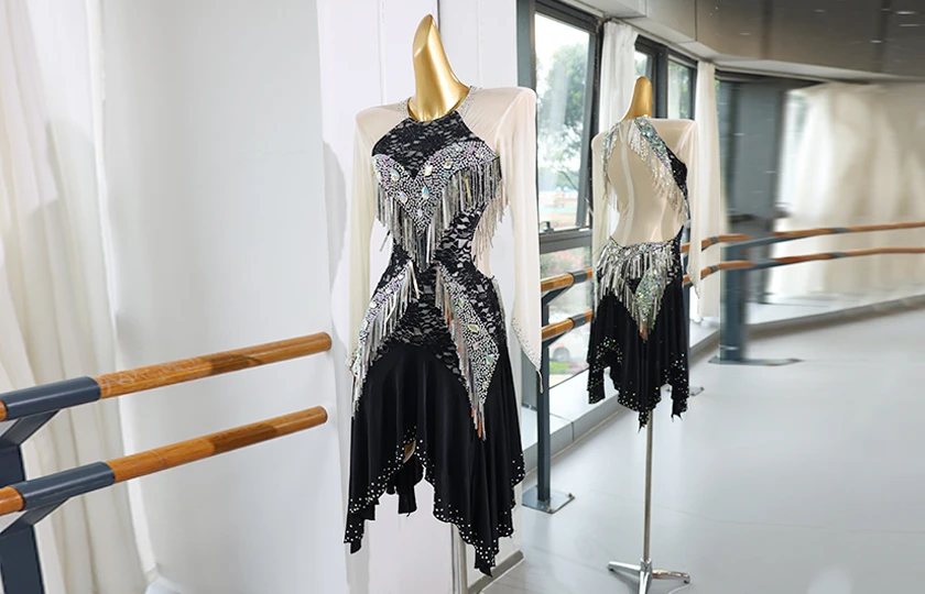 Black White Lace Fringe Rhinestone Latin Dance Dress | LD009