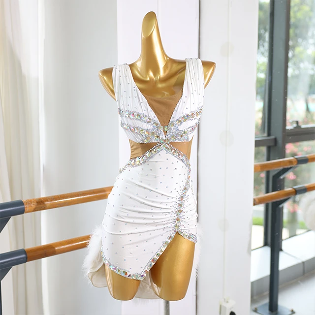 White Feather Rhinestone Latin Dance Dress | LD004