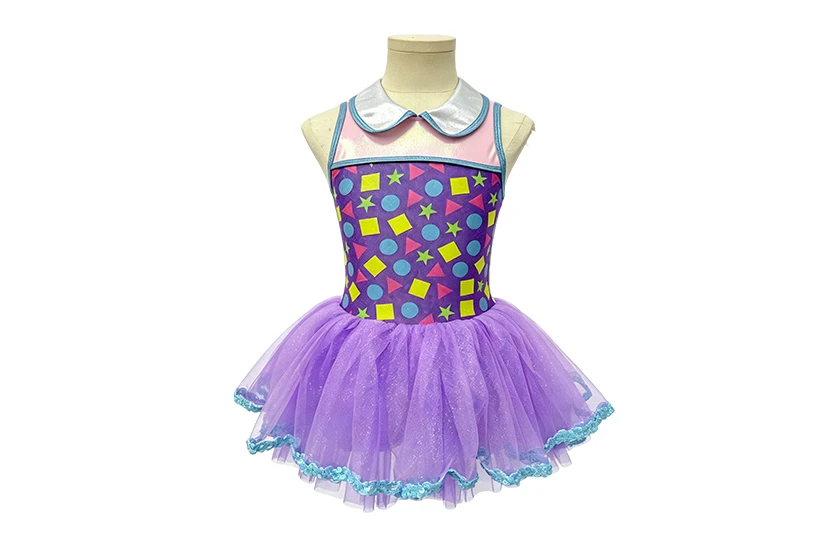 Colorful Geometric Print Collared Kids Tap & Jazz Dance Tutu Dress | XGZ0283