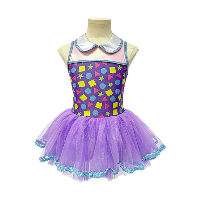 Colorful Geometric Print Collared Kids Tap & Jazz Dance Tutu Dress | XGZ0283