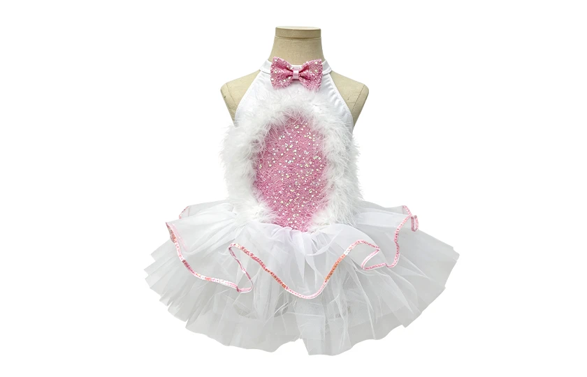 White & Pink Sequin Feather Girls Halter Ballet Tutu Dress | XGZ0298