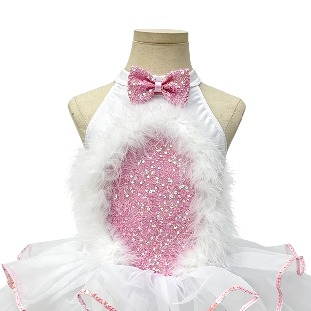 White & Pink Sequin Feather Girls Halter Ballet Tutu Dress | XGZ0298