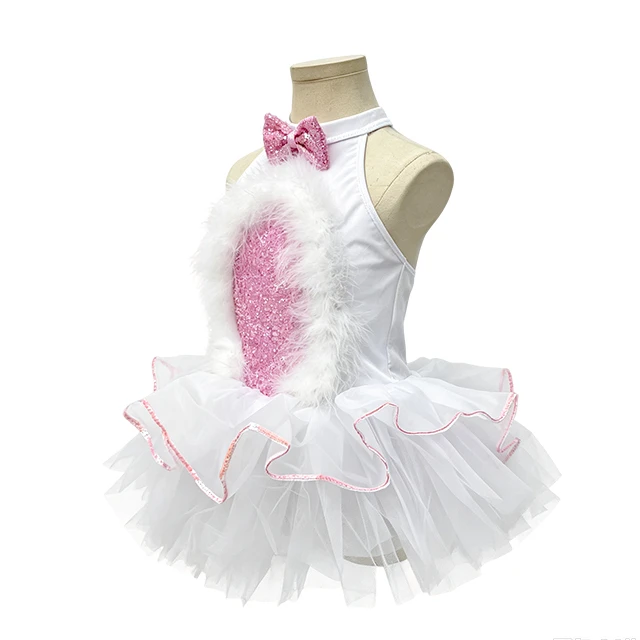 White & Pink Sequin Feather Girls Halter Ballet Tutu Dress | XGZ0298