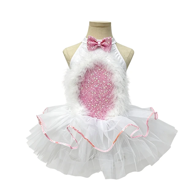 White & Pink Sequin Feather Girls Halter Ballet Tutu Dress | XGZ0298