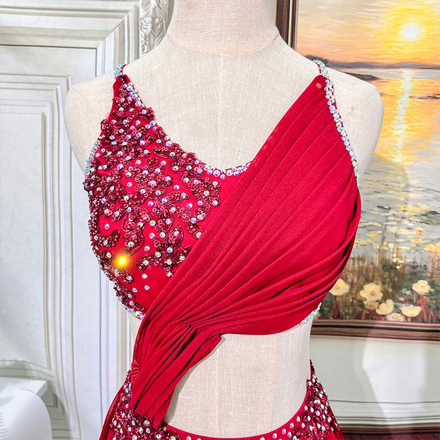 Red Rhinestone Asymmetrical Lyrical Dance Costume | BLC1834