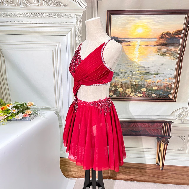 Red Rhinestone Asymmetrical Lyrical Dance Costume | BLC1834