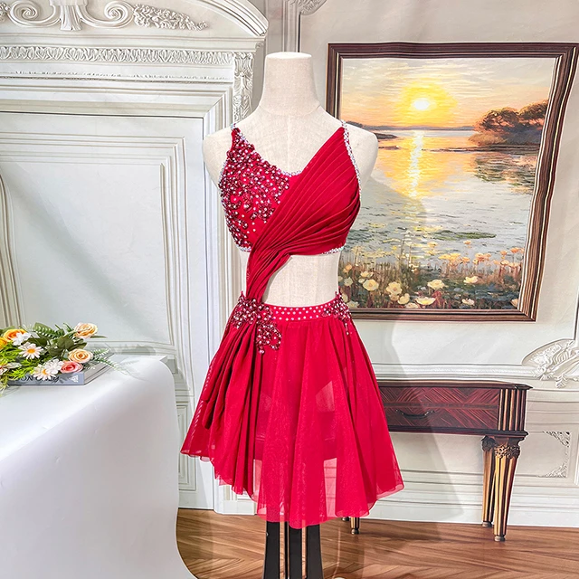 Red Rhinestone Asymmetrical Lyrical Dance Costume | BLC1834