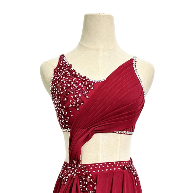 Burgundy Rheinstone Asymmetrical Lyrical Dance Costume|BLC1834