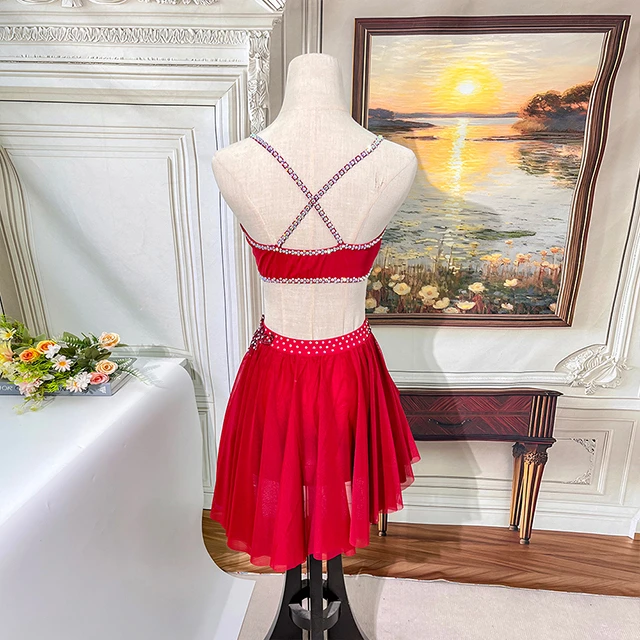 Red Rhinestone Asymmetrical Lyrical Dance Costume | BLC1834