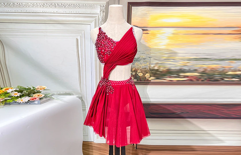 Red Rhinestone Asymmetrical Lyrical Dance Costume | BLC1834