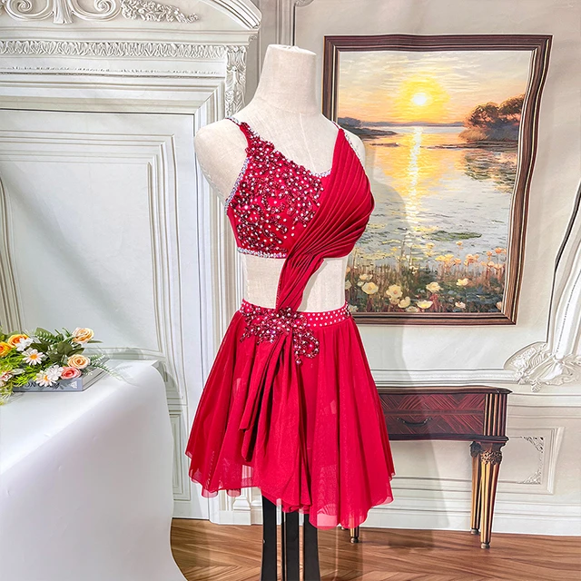 Red Rhinestone Asymmetrical Lyrical Dance Costume | BLC1834