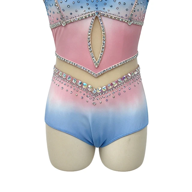 Pink Blue Color-block Design Rhinestone Backless Lyrical Dance Costume|G129