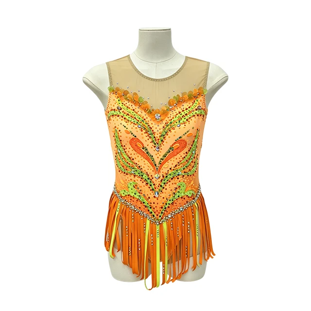 Yellow Rhinestone Flower Decoration Fluffy Skirt Hem Gymnastics Costume|G124