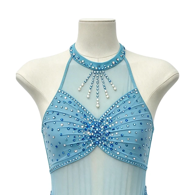 Blue Halter-neck Rhinestone 3D Flower Skirt Lyrical Stage Costume|G130