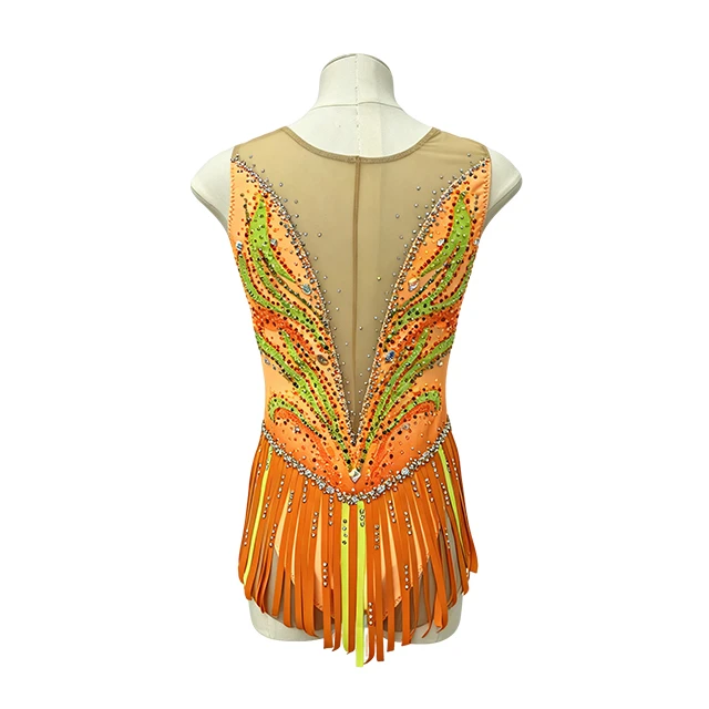 Yellow Rhinestone Flower Decoration Fluffy Skirt Hem Gymnastics Costume|G124