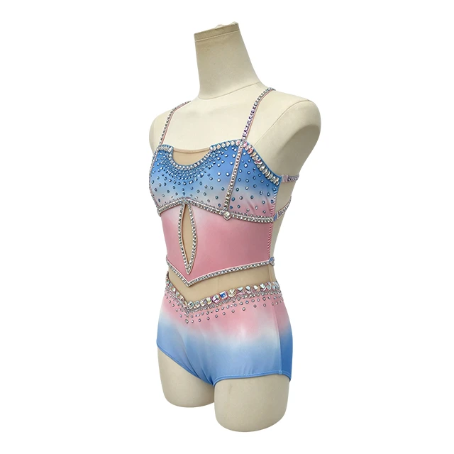 Pink Blue Color-block Design Rhinestone Backless Lyrical Dance Costume|G129