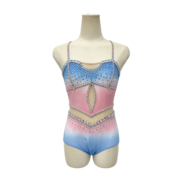 Pink Blue Color-block Design Rhinestone Backless Lyrical Dance Costume|G129