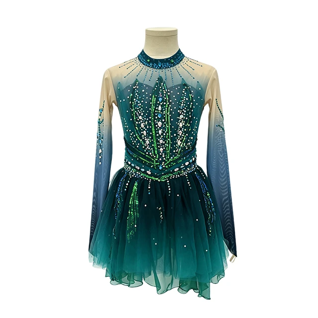 Green Long-sleeves Rhinestone Gymnastics Performance Costume|G122