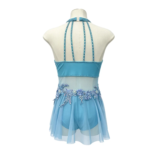 Blue Halter-neck Rhinestone 3D Flower Skirt Lyrical Stage Costume|G130