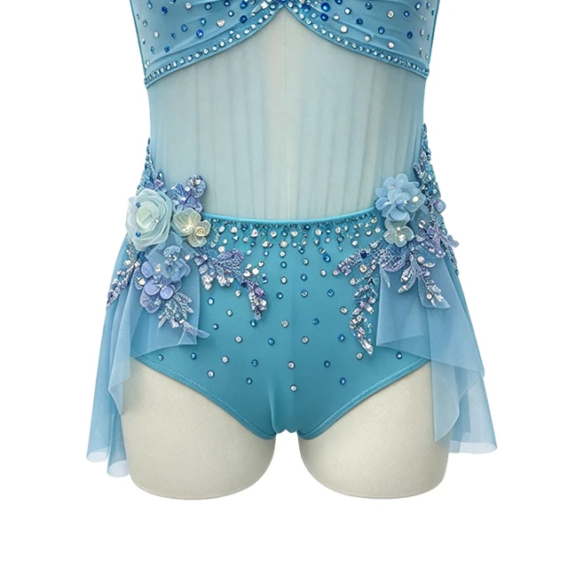 Blue Halter-neck Rhinestone 3D Flower Skirt Lyrical Stage Costume|G130