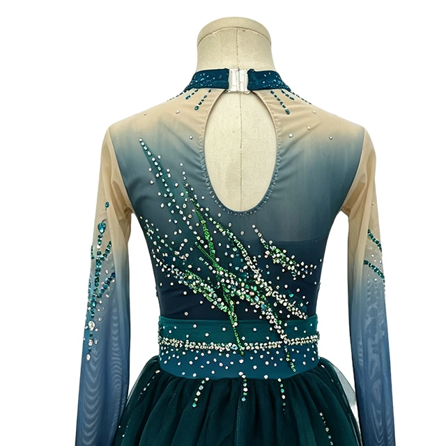 Green Long-sleeves Rhinestone Gymnastics Performance Costume|G122