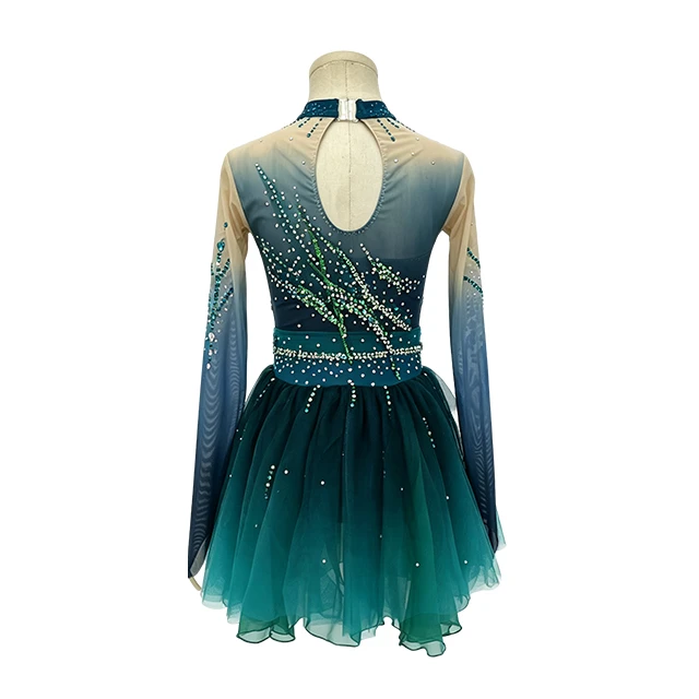 Green Long-sleeves Rhinestone Gymnastics Performance Costume|G122