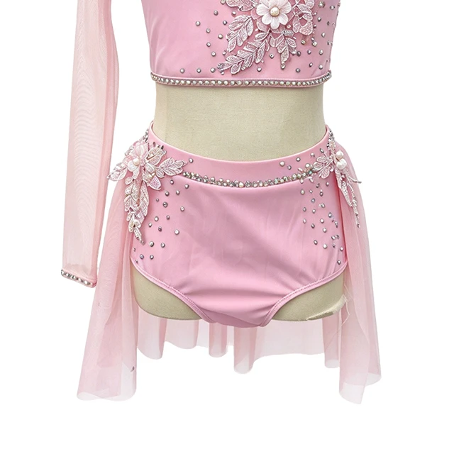 Pink Rhinestone Asymmetrical 2 pieces Lyrical Dance Costume|G132