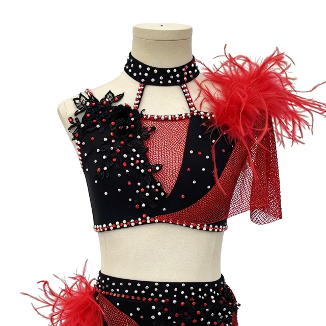 Black&Red 2 Pieces Feather Decoration Lyrical Stage Jazz Costume|G115