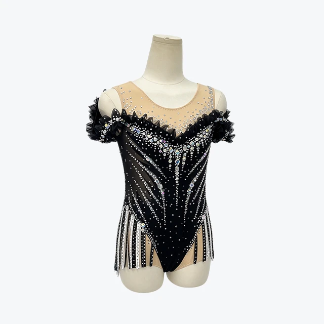 Black Rhinestone Fringe Rhythmic Gymnastics Leotard|BLC2448