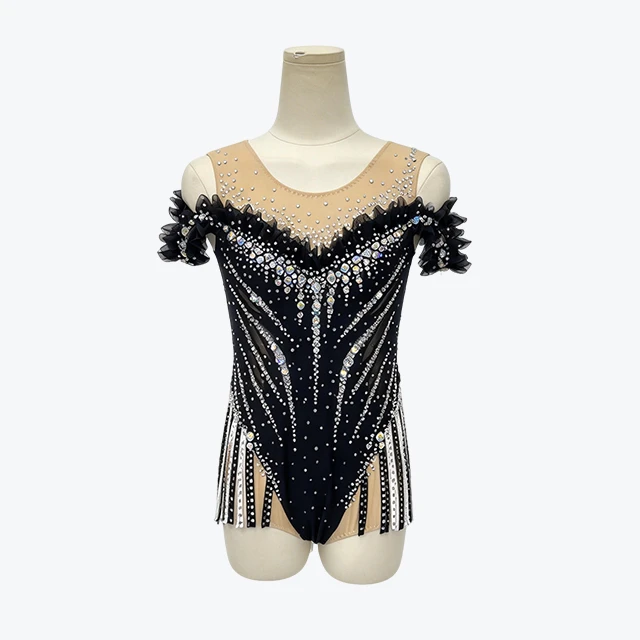 Black Rhinestone Fringe Rhythmic Gymnastics Leotard|BLC2448