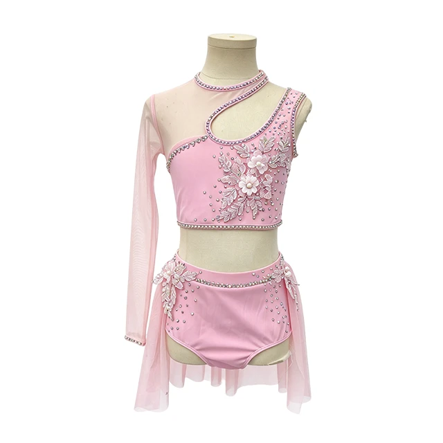 Pink Rhinestone Asymmetrical 2 pieces Lyrical Dance Costume|G132