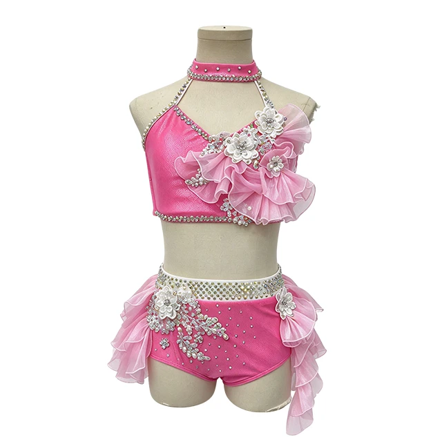 Pink Rhinestone 2 Pieces Flower Lyrical Dance Costume|G118