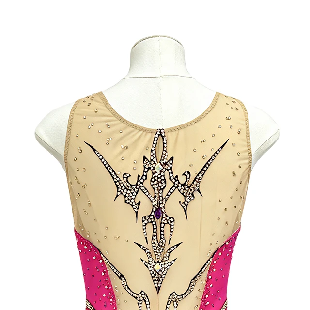 Fuchsia Pink Figure Skating Dress Gold Rhinestone Sleeveless Mesh Neck Ice Skating Competition Costu
