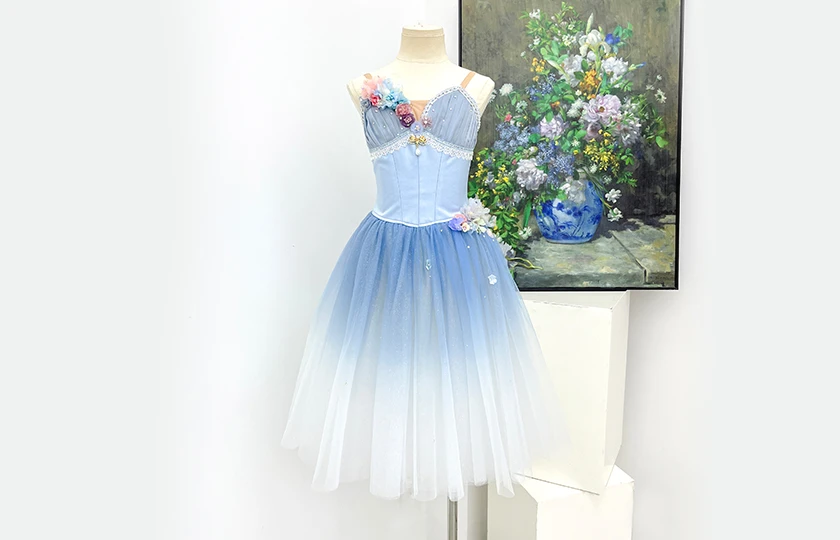 Light Blue Gradient Long Ballet Dress 3D Floral Camisole Romantic Ballet Stage Performance Costume|B