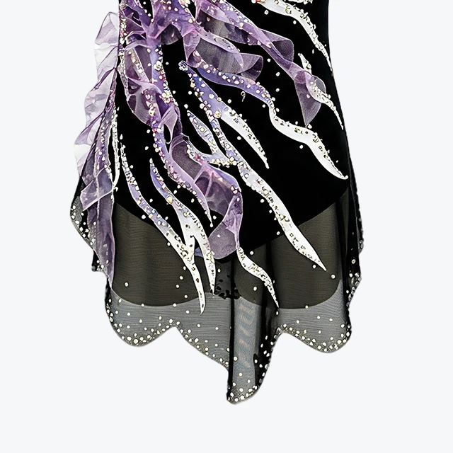 Black Purple Figure Skating Dress 3D Ruffle Rhinestone Sleeveless Competition Ice Skating Costume|BL