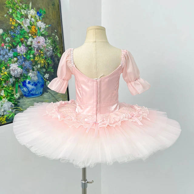 Pink Puff Sleeve Ballet Tutu Dress Bow Rhinestone Professional Girls Ballet Stage Performance Costum