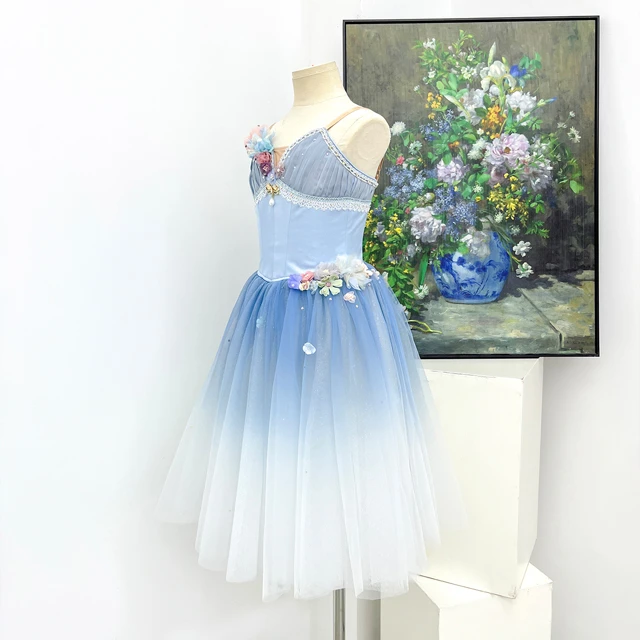 Light Blue Gradient Long Ballet Dress 3D Floral Camisole Romantic Ballet Stage Performance Costume|B