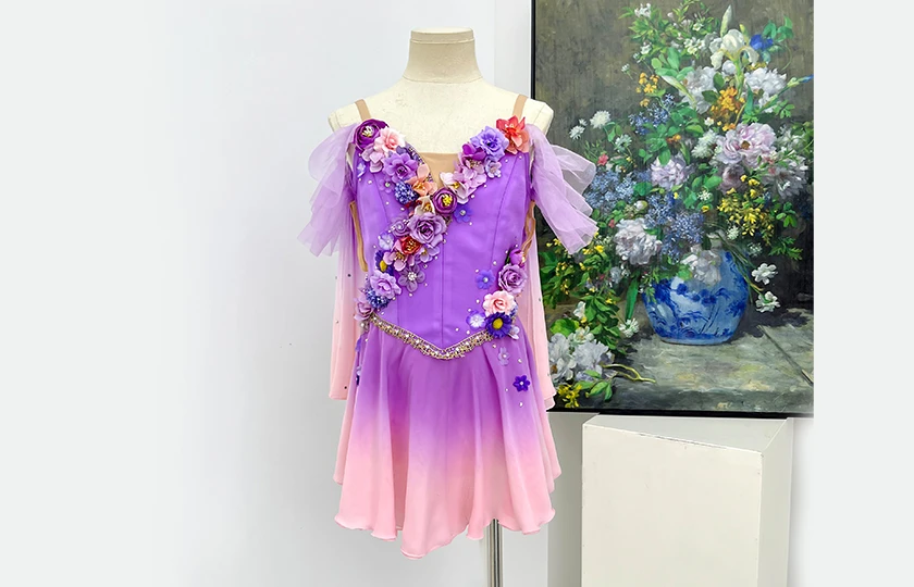 Purple Pink Gradient Ballet Costume 3D Floral Handmade Dance Dress Fairy Stage Performance Dress